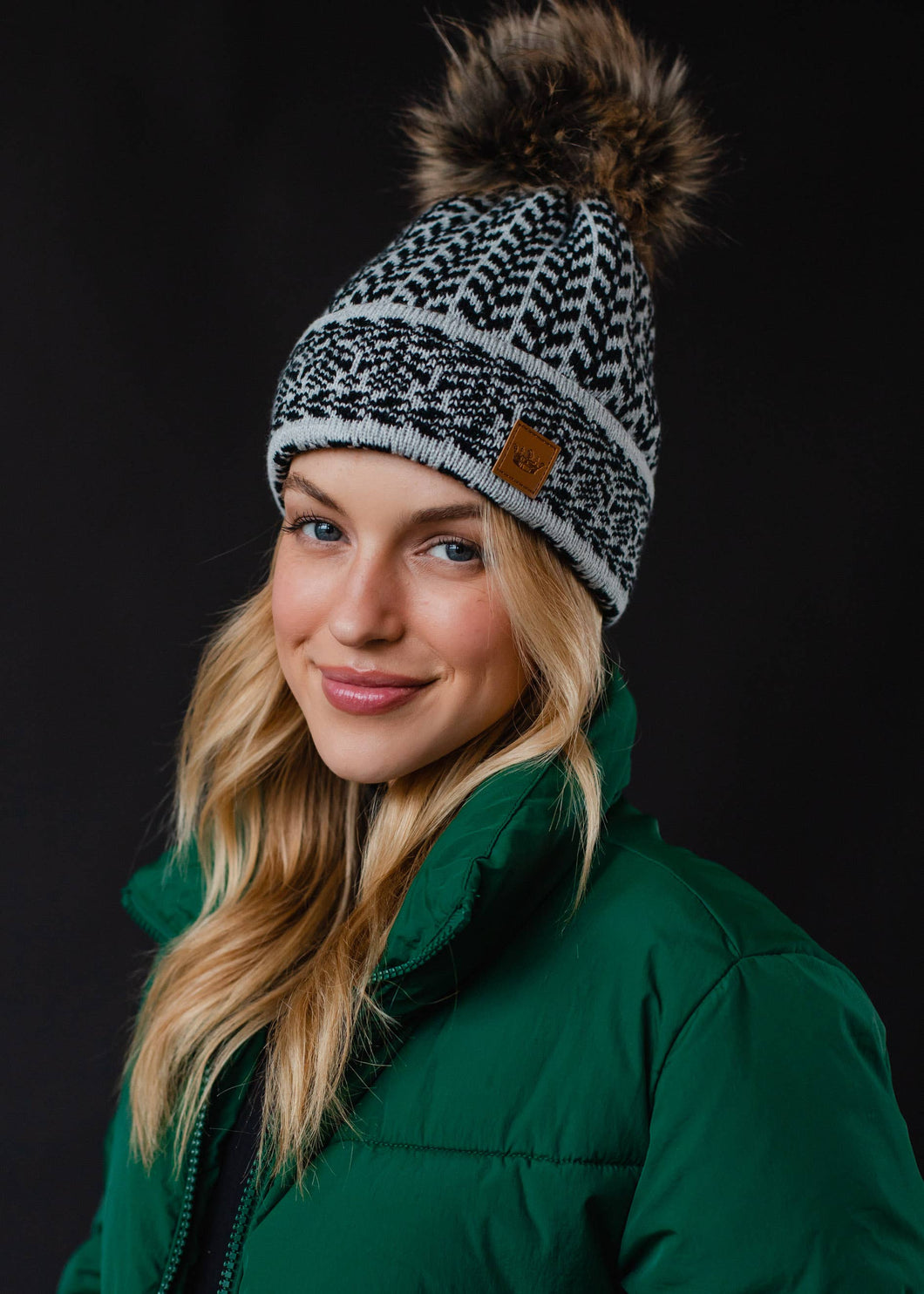 Gray & Black Patterned Pom Hat