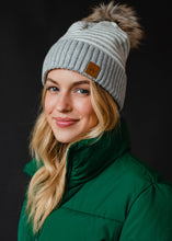 Load image into Gallery viewer, Light Gray &amp; White Striped Pom Hat
